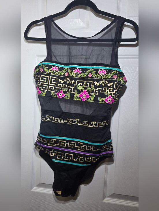 Catalina Other - Catalina Vintage One Piece Swimsuit Black Mesh Floral Size 12 Made in USA